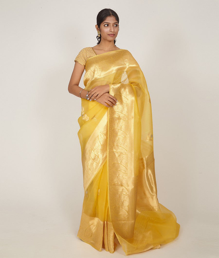 Yellow Banarasi Kora Silk Saree Gold Zari - kaystore.in