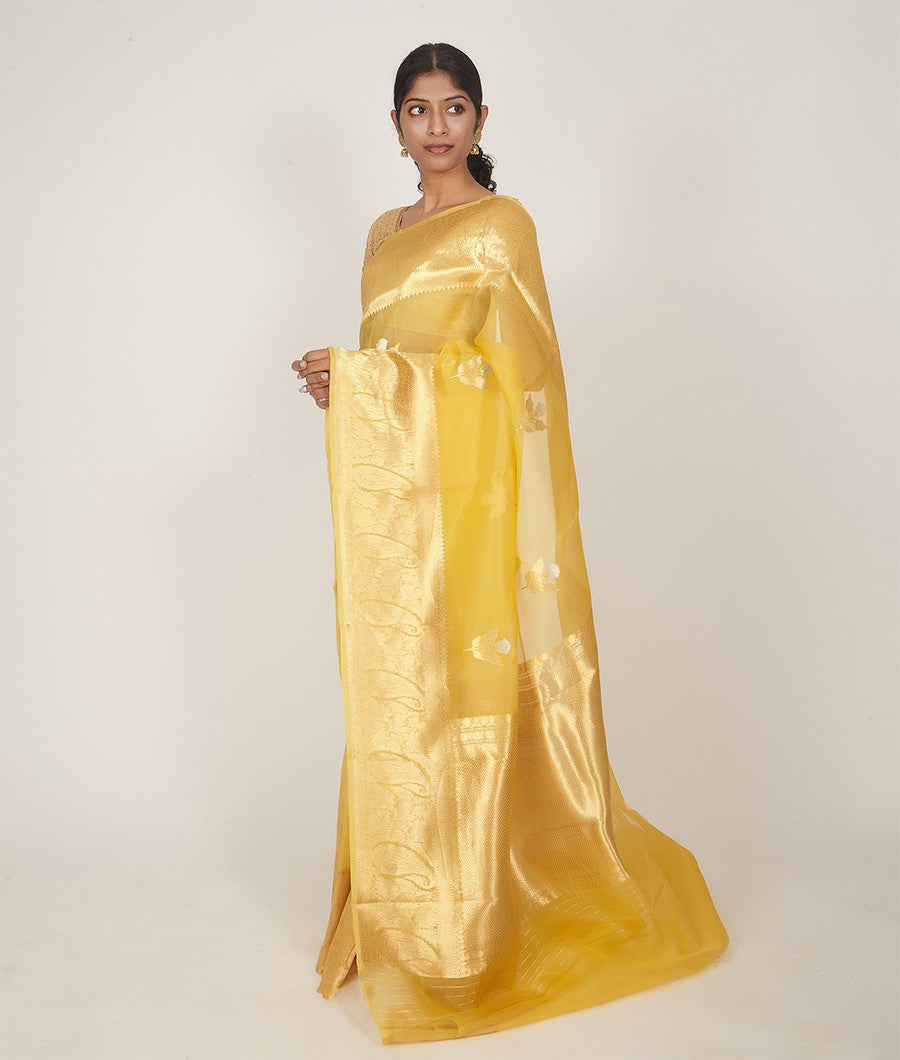 Yellow Banarasi Kora Silk Saree Gold Zari - kaystore.in