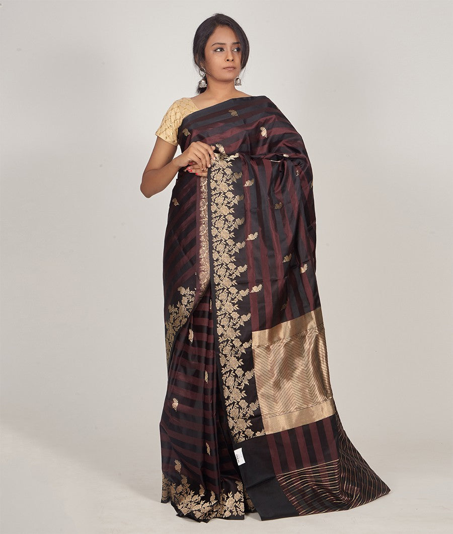 Brown With Black Banarasi Silk Saree Gold Zari - kaystore.in