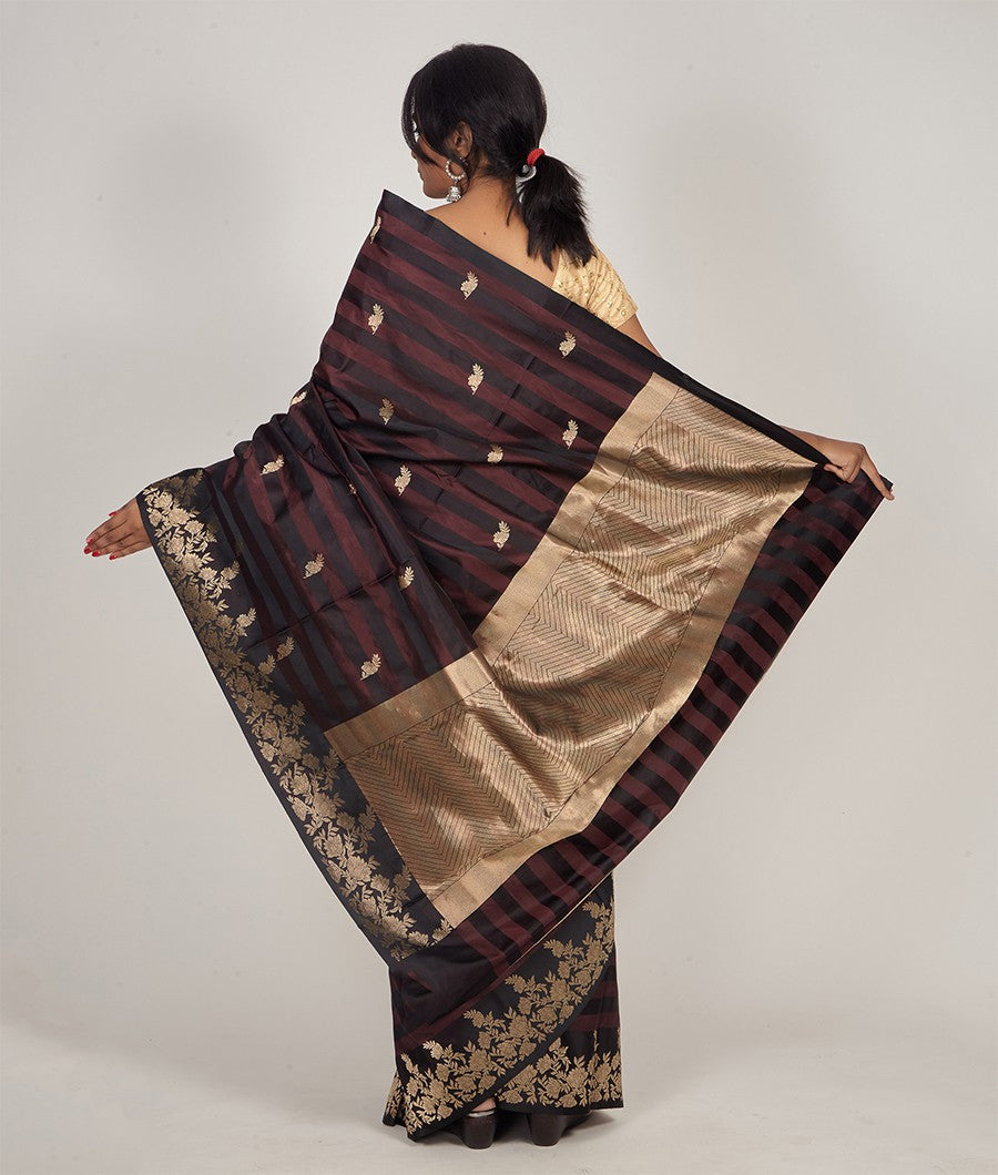 Brown With Black Banarasi Silk Saree Gold Zari - kaystore.in