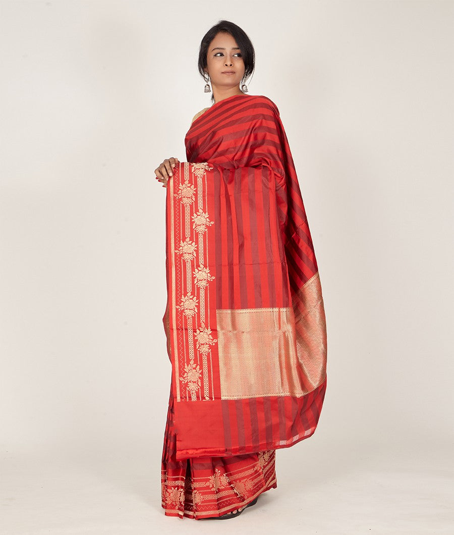 Red With Maroon Banarasi Silk Saree Gold Zari Brocade Blouse Weaving - kaystore.in
