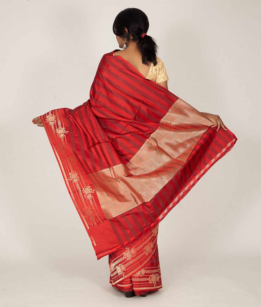 Red With Maroon Banarasi Silk Saree Gold Zari Brocade Blouse Weaving - kaystore.in