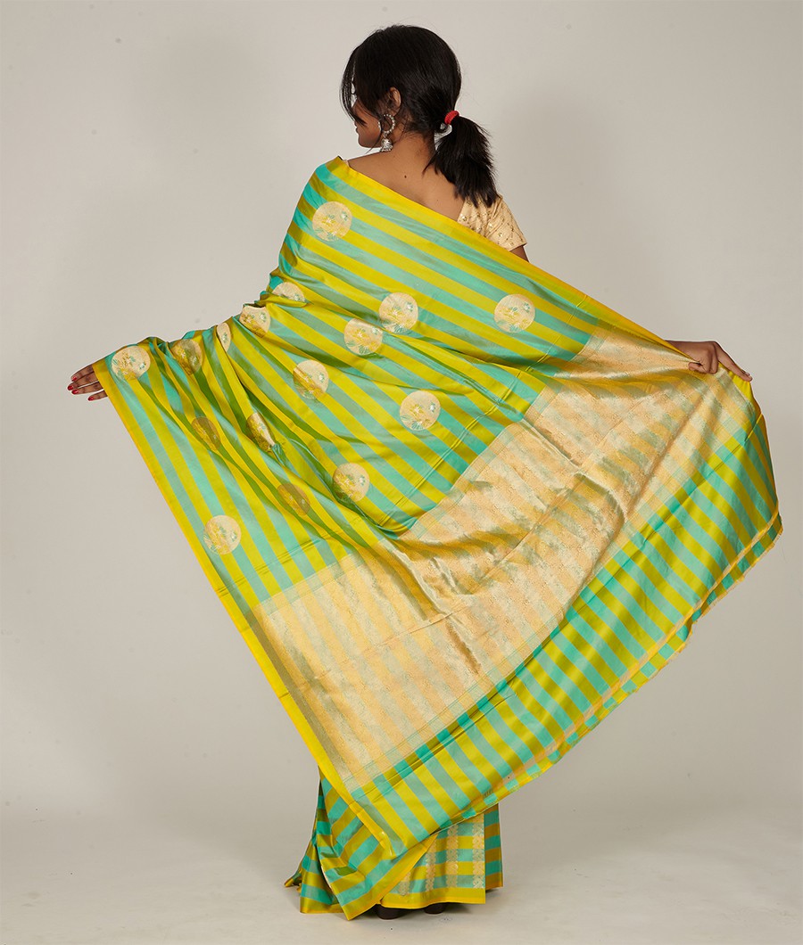 Green With Yellow Banarasi Silk Saree Gold Zari - kaystore.in