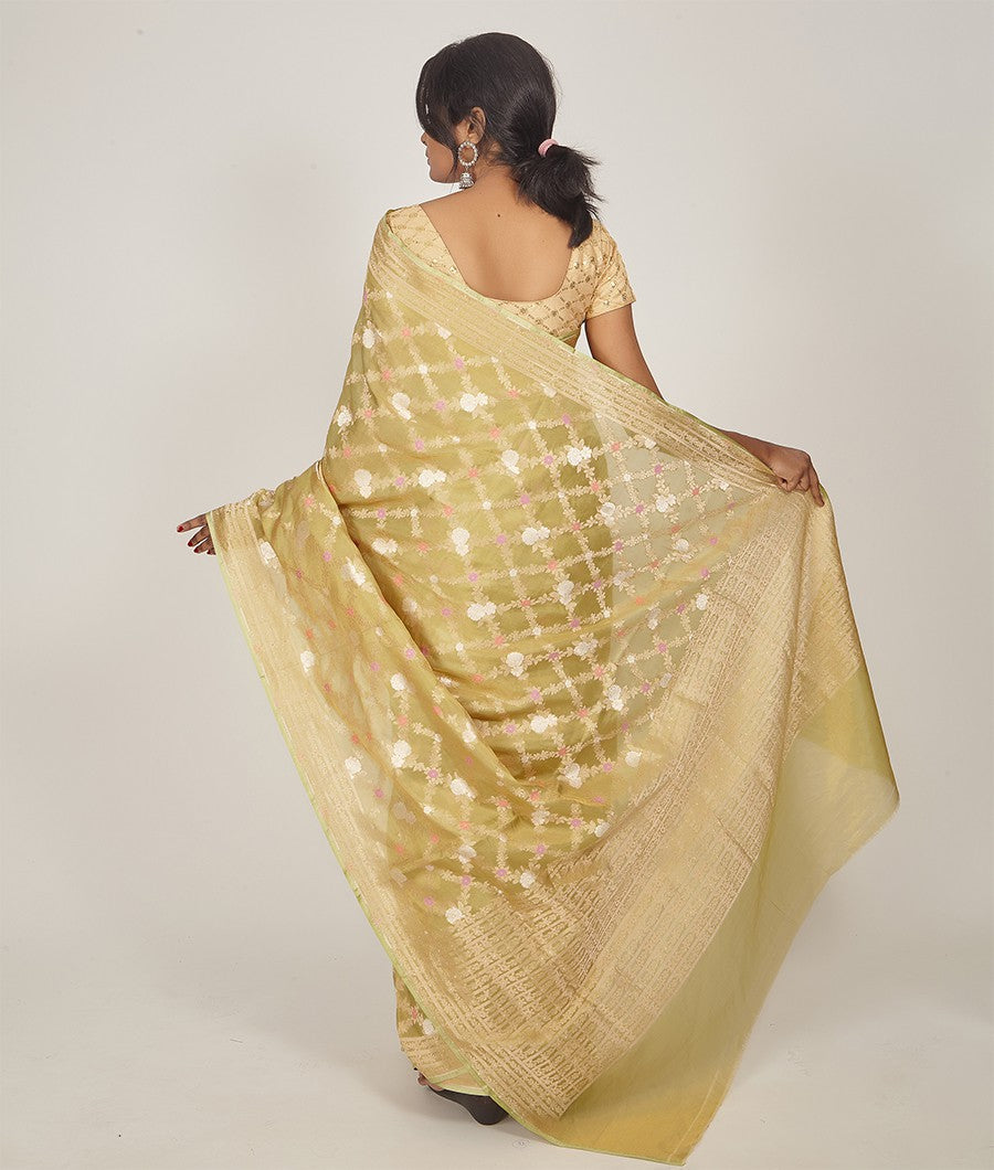 Lime Green Banarasi Tissue Silk Saree Gold With Silver Zari - kaystore.in