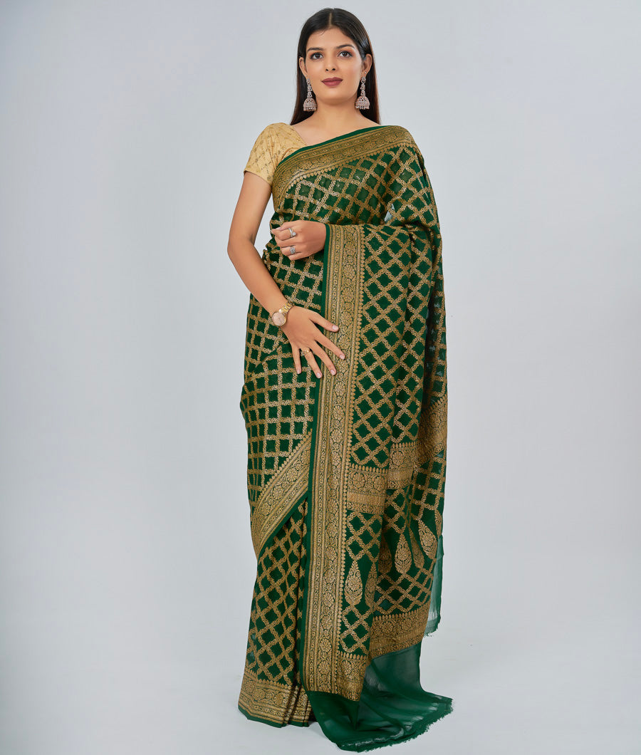 Green Khaddi Saree Alover Zari Weaving Antique Zari - kaystore.in