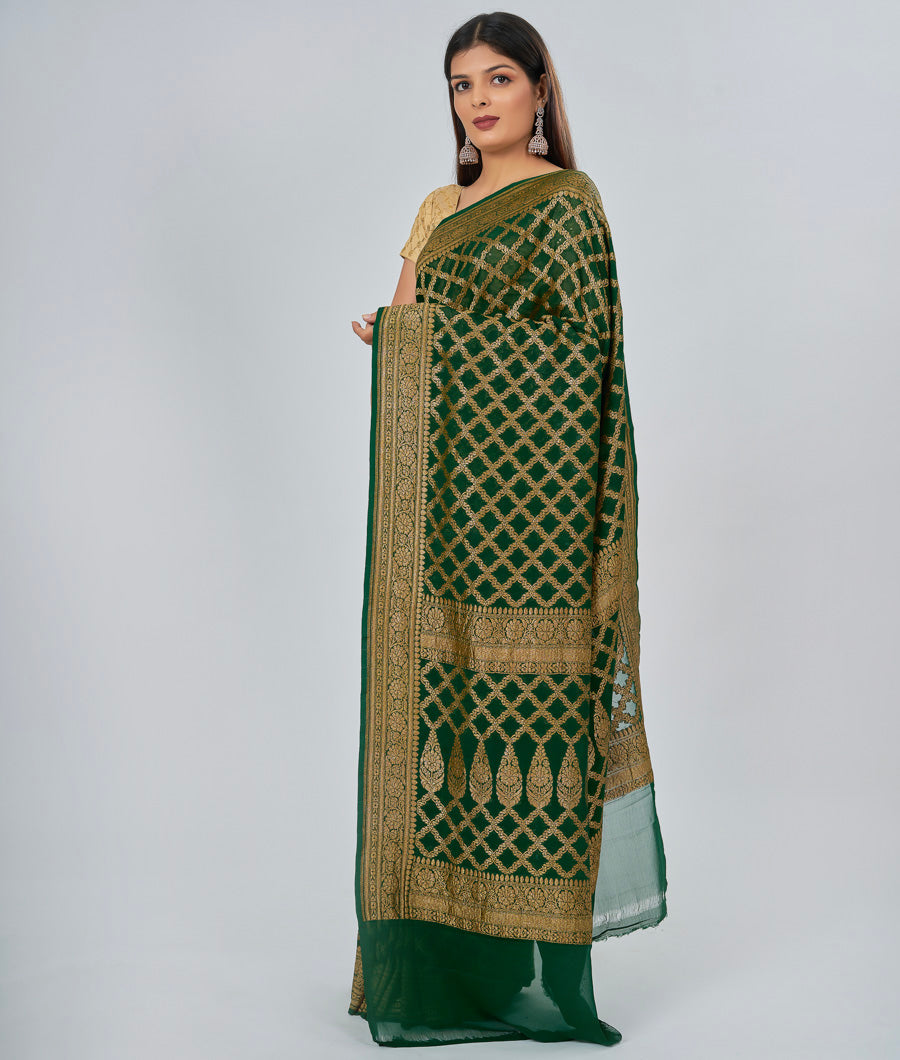 Green Khaddi Saree Alover Zari Weaving Antique Zari - kaystore.in