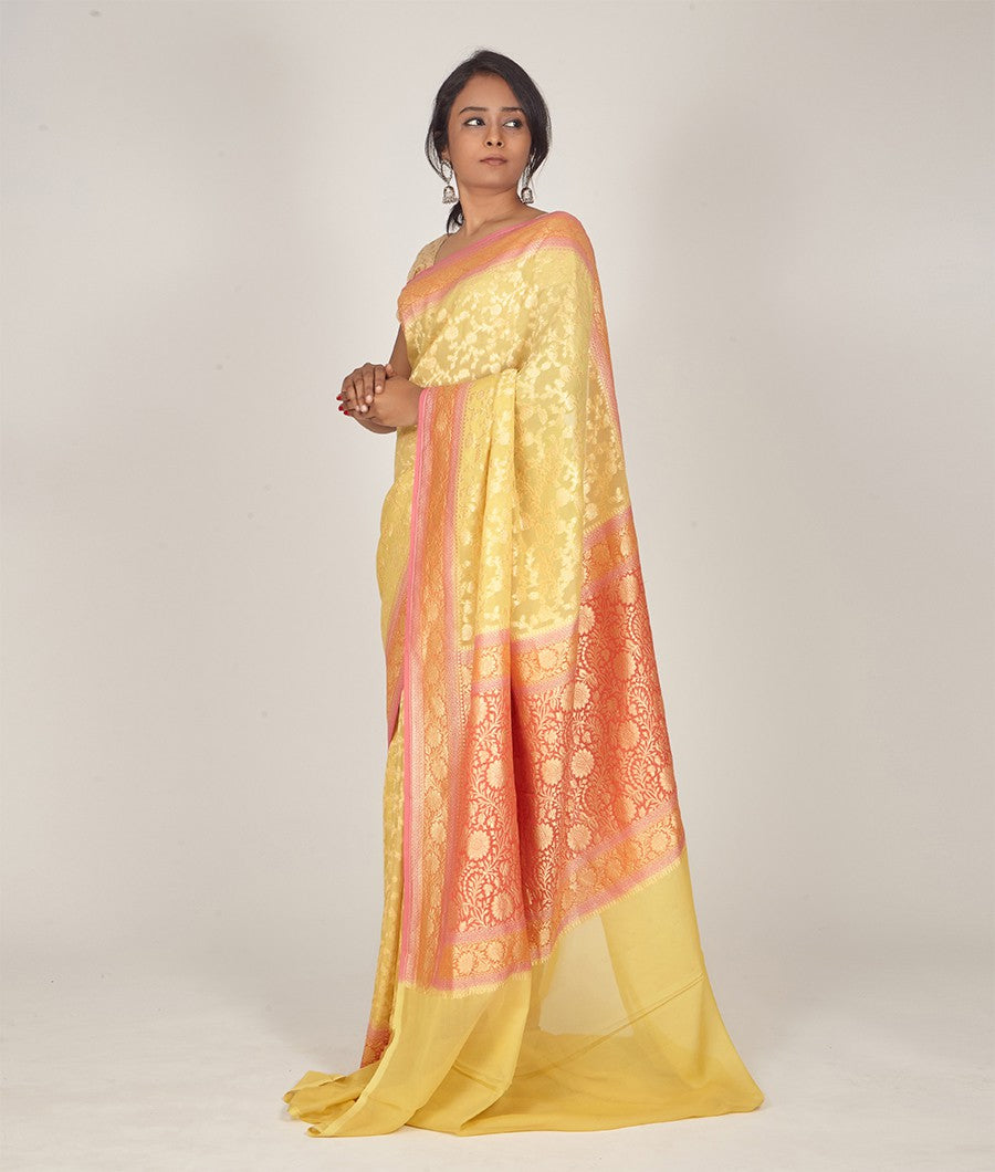 Yellow Banarasi Khaddi Georgette Saree Gold Zari - kaystore.in