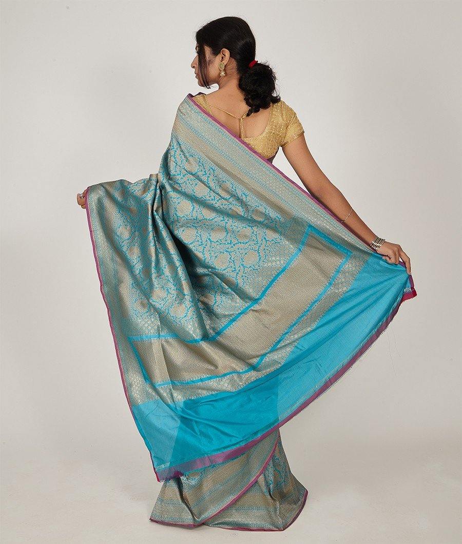 Rama Blue Banarasi Silk Saree Antique Zari Full Alover Zari Weaving With Brocade Blouse - kaystore.in