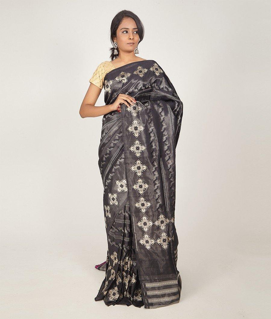Black Banarasi Tanchoi Silk Saree Gold With Silver Zari Zari Stripes Blouse - kaystore.in