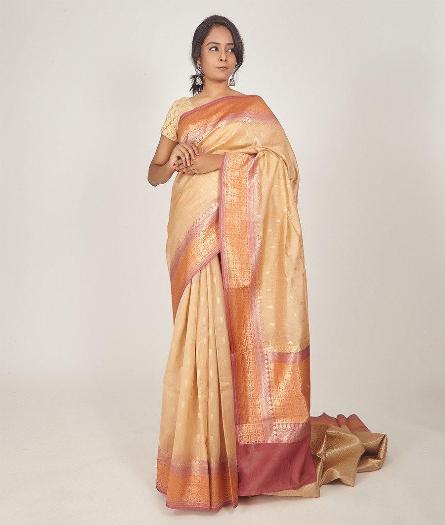 Beige Banarasi Chanderi Silk Saree Gold Zari Brocade Blouse - kaystore.in