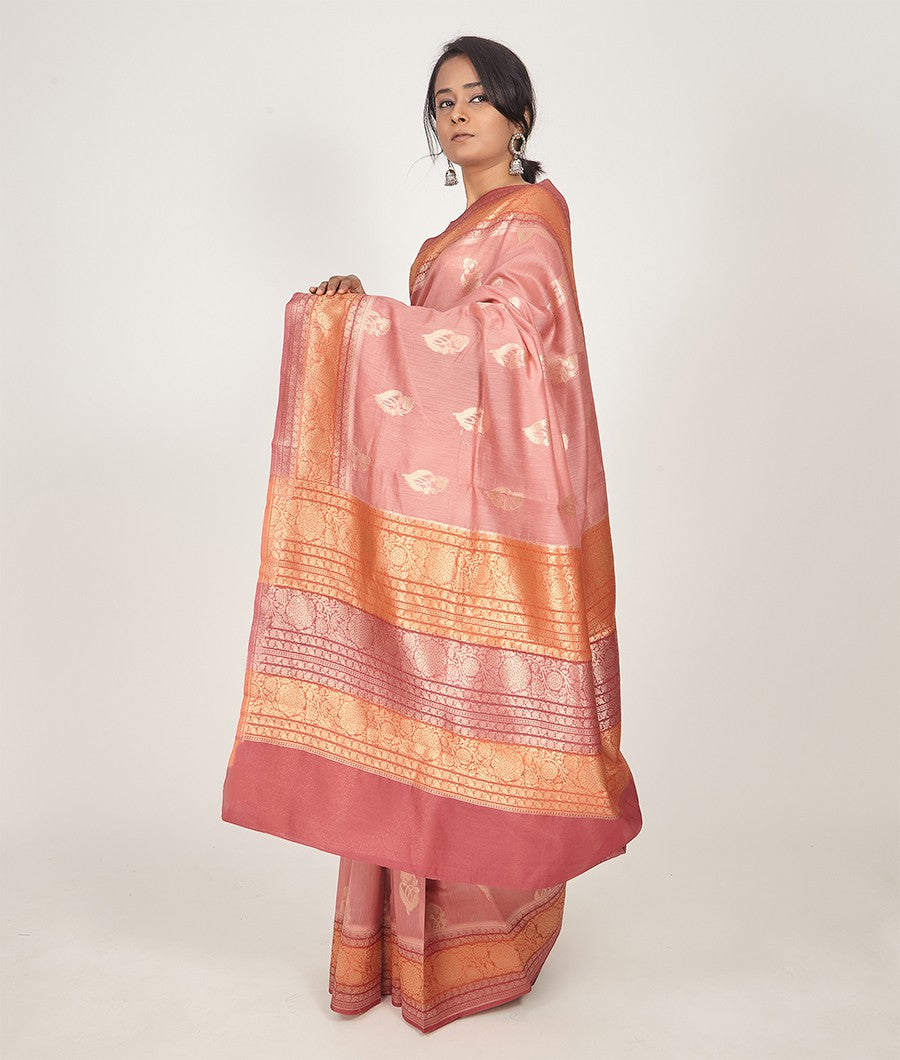 Onion Pink Banarasi Chanderi Silk Saree Gold Zari Brocade Blouse - kaystore.in