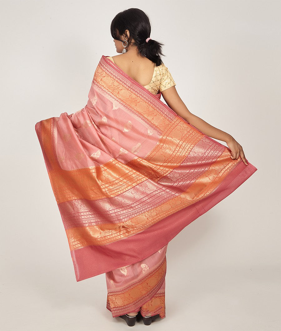 Onion Pink Banarasi Chanderi Silk Saree Gold Zari Brocade Blouse - kaystore.in