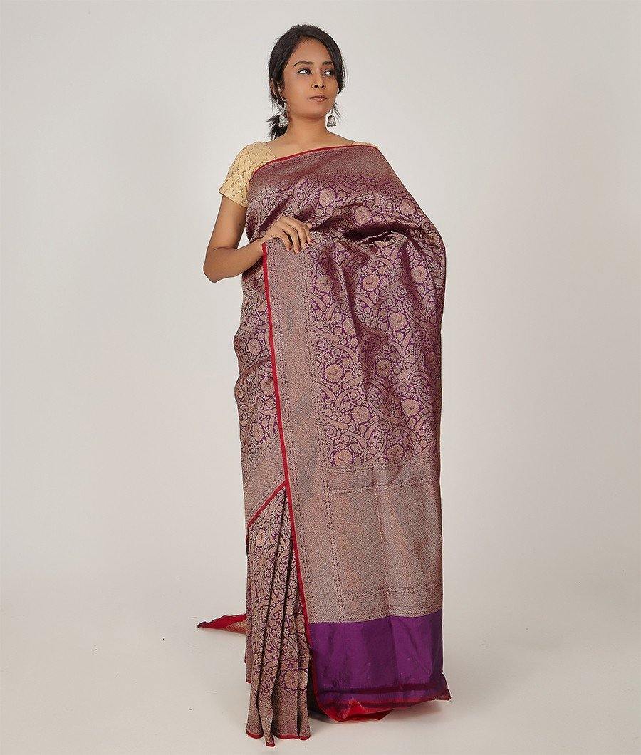 Purple Banarasi Silk Saree Antique Zari Full Alover Zari Weaving - kaystore.in
