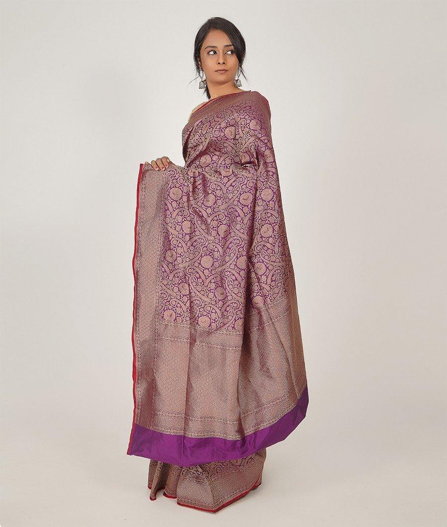Purple Banarasi Silk Saree Antique Zari Full Alover Zari Weaving - kaystore.in