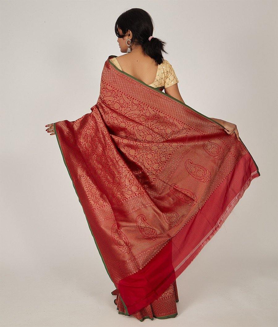 Red Banarasi Silk Saree Antique Zari Full Alover Zari Weaving With Brocade Blouse - kaystore.in