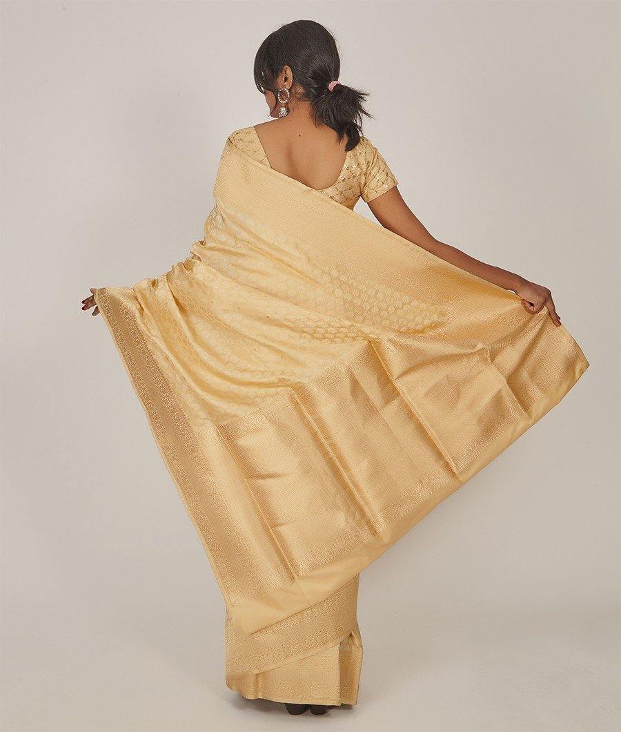 Cream Banarasi Katan Silk Saree Gold Zari Full Thread Weaving With Zari Work - kaystore.in