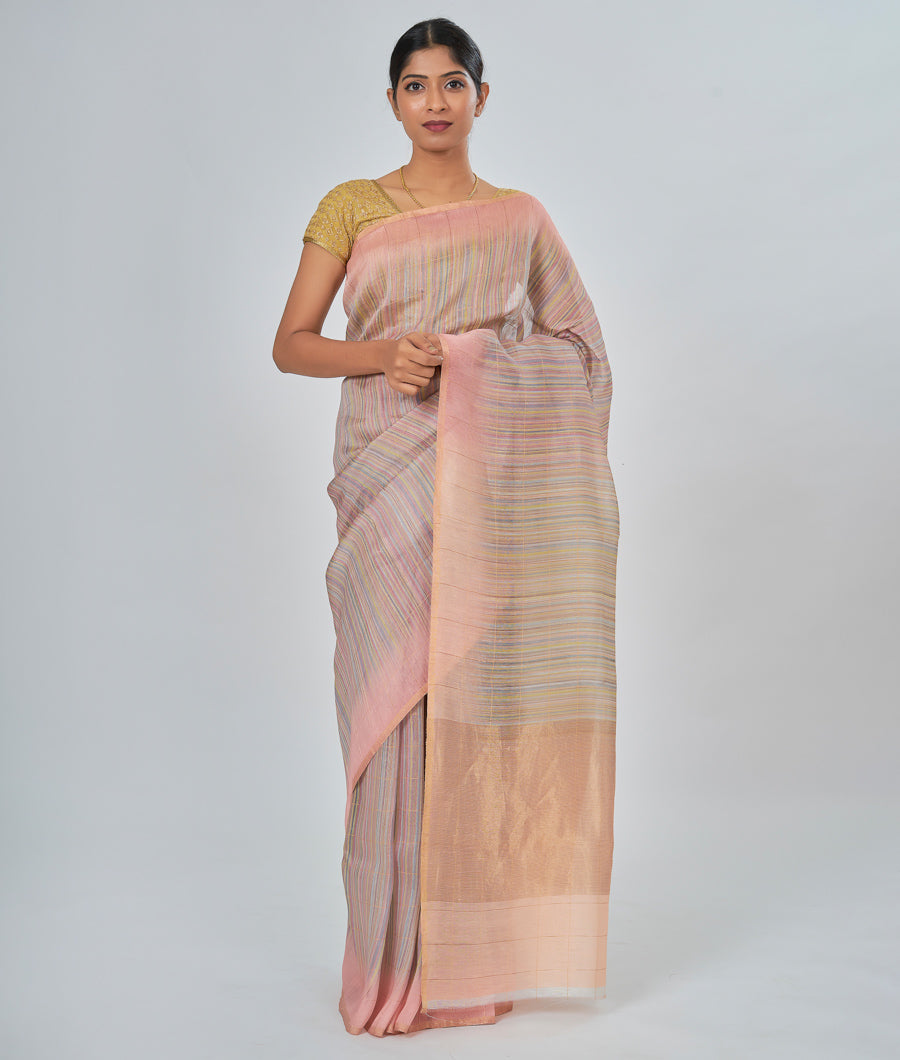 Muliti Colour Linen Saree Checks & Stripes With Blouse Floral Print Gold Zari - kaystore.in