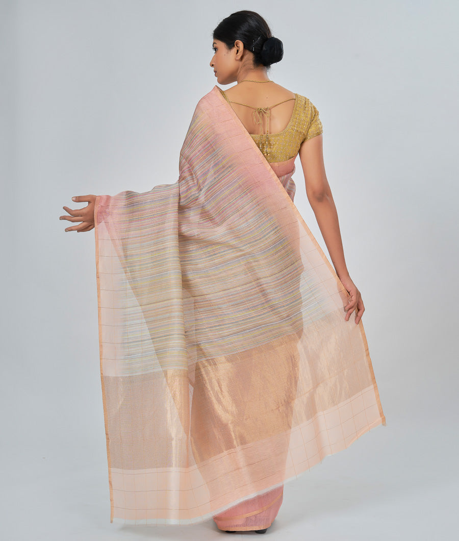 Muliti Colour Linen Saree Checks & Stripes With Blouse Floral Print Gold Zari - kaystore.in