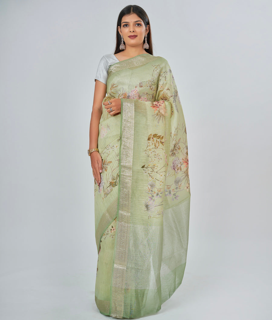 Pista Green Linen Saree Floral Print Silver Zari - kaystore.in