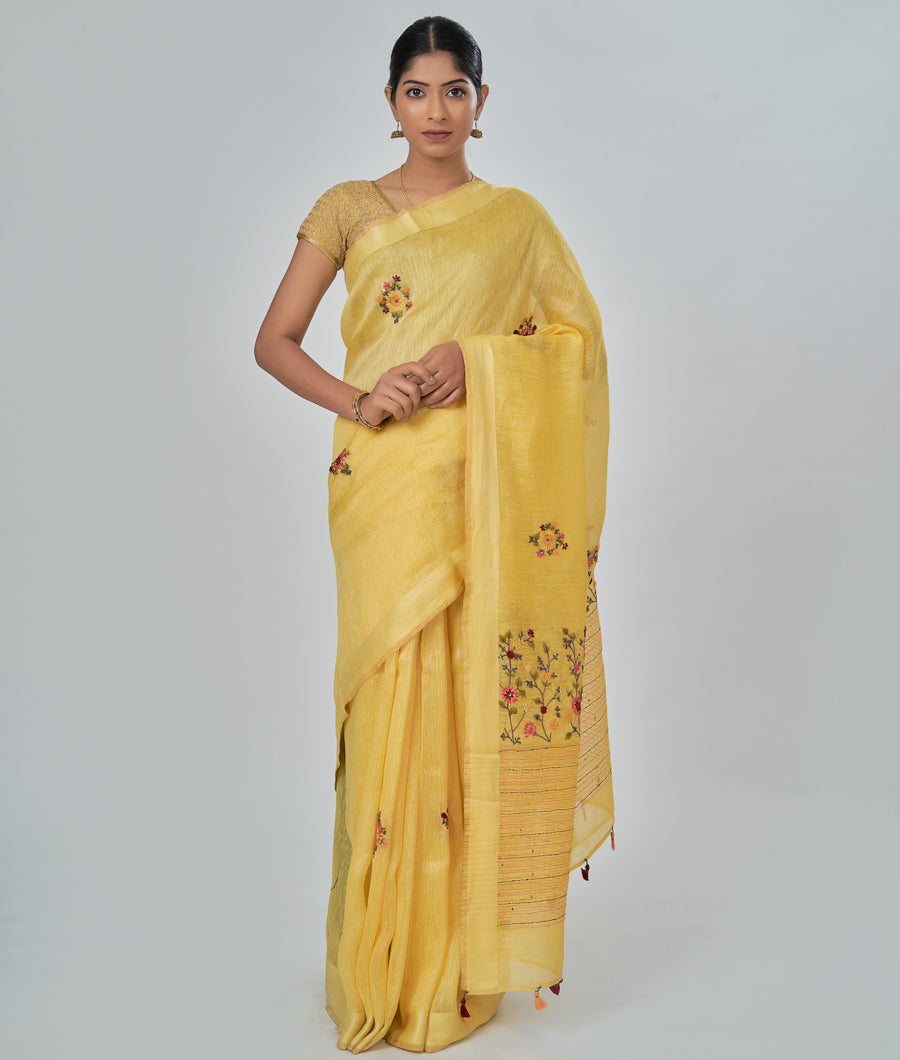Yellow Linen Saree French Knot - kaystore.in