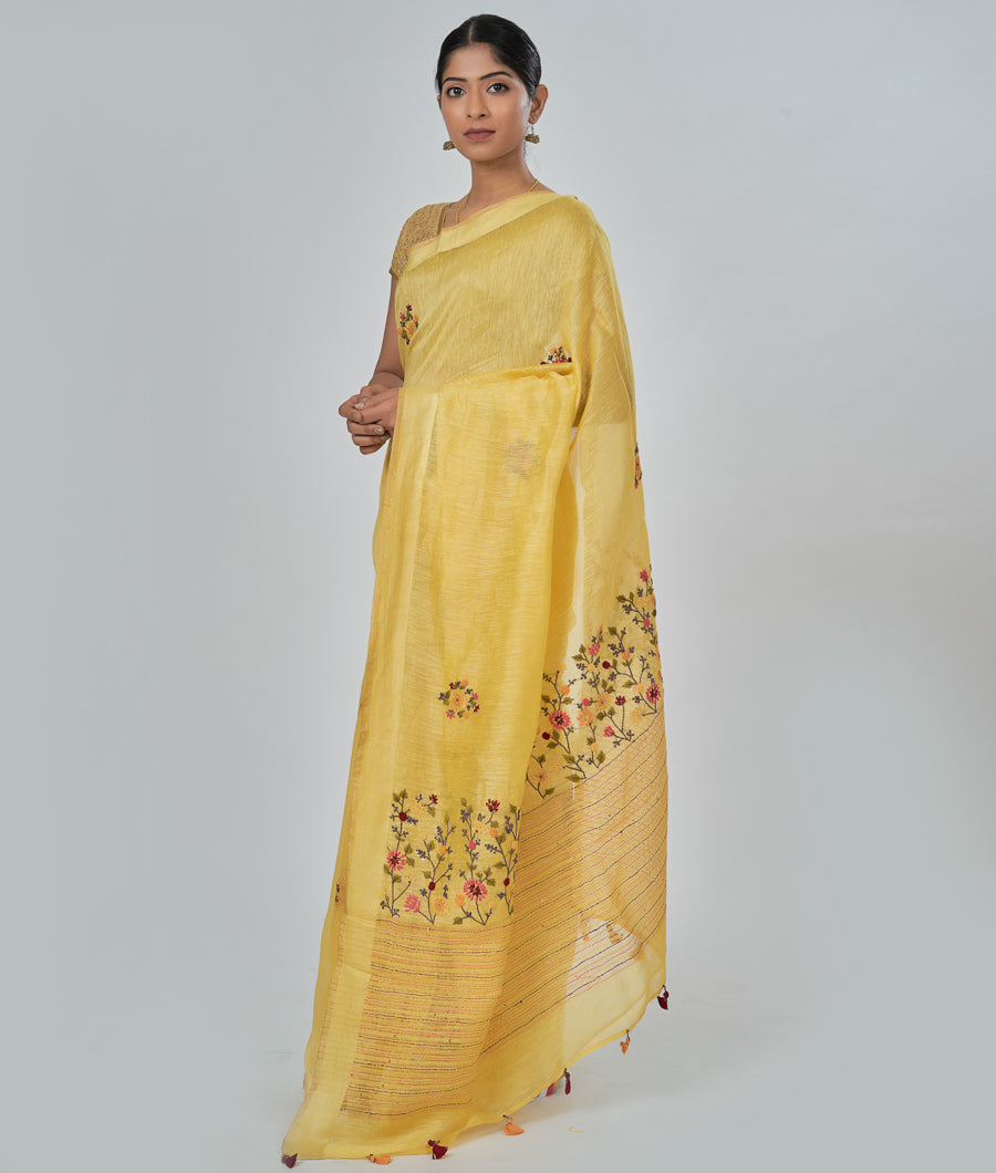 Yellow Linen Saree French Knot - kaystore.in