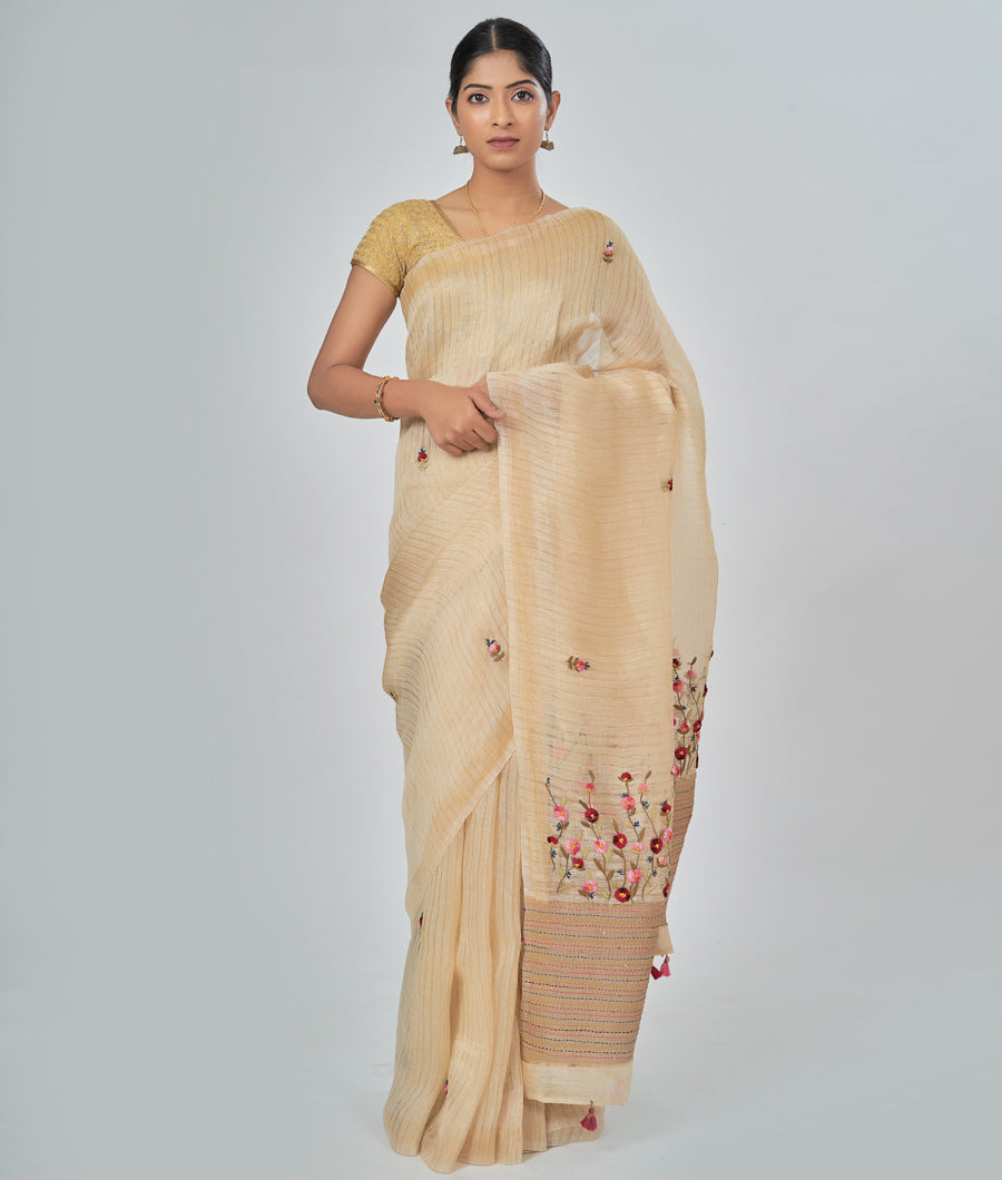 Gold Linen Saree French Knot Embroidery - kaystore.in