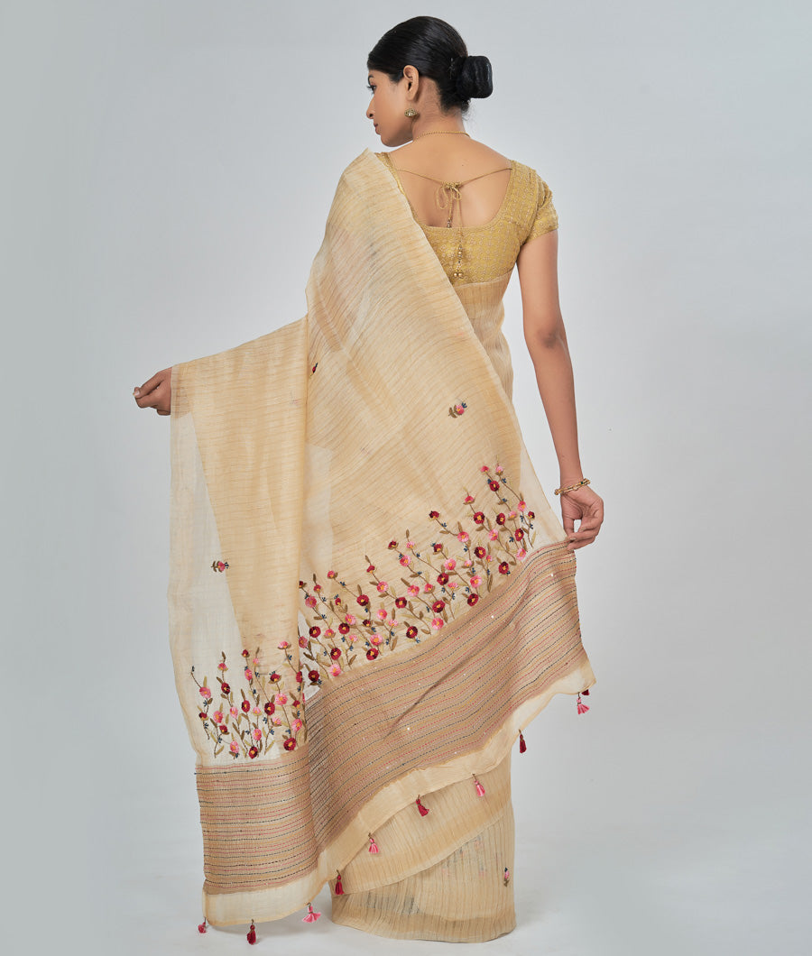 Gold Linen Saree French Knot Embroidery - kaystore.in