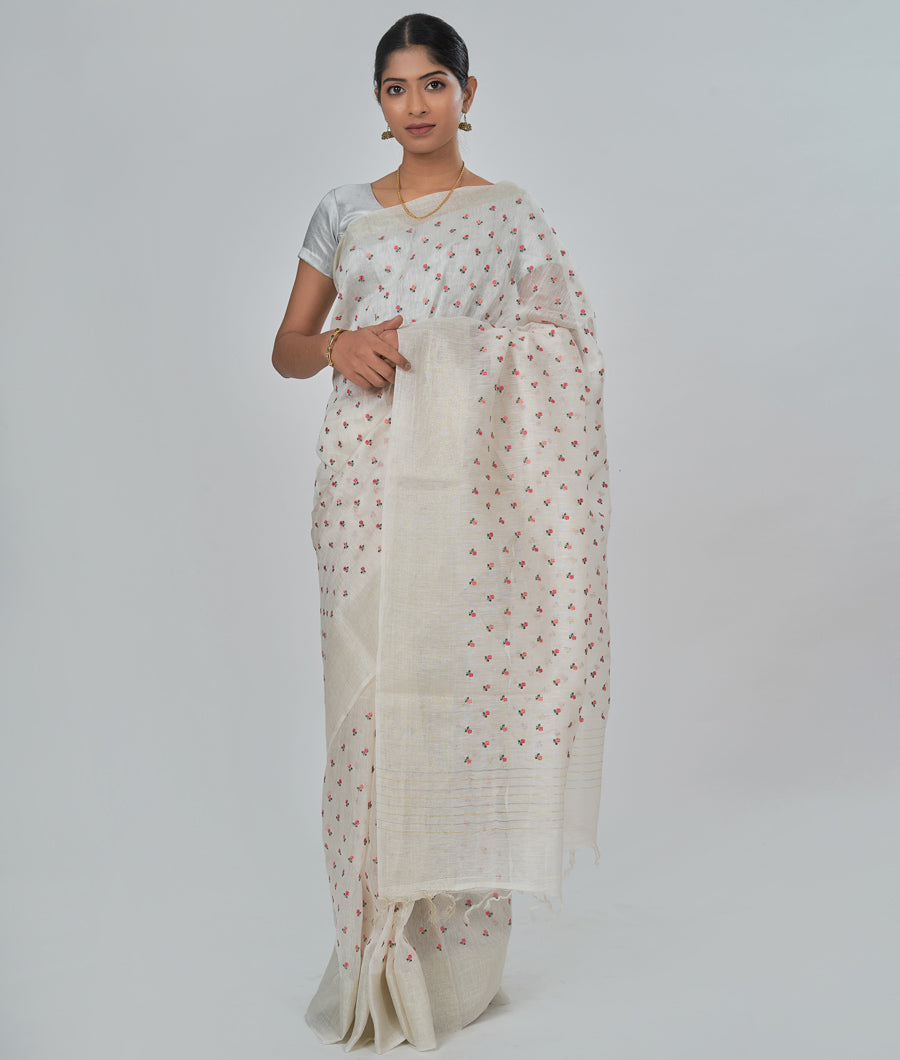 White Linen Saree Thread Embroidery With Floral Print Silver Zari - kaystore.in