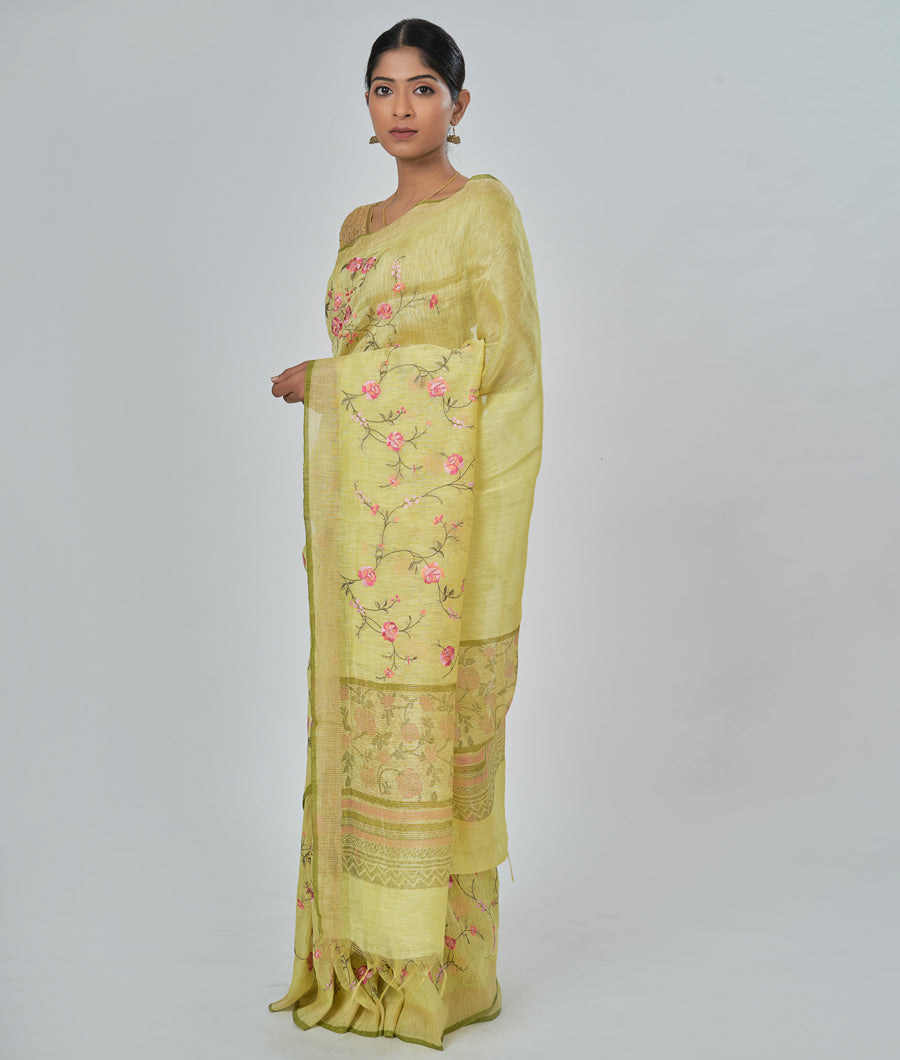 Lime Green Linen Saree Thread Embroidery Work - kaystore.in