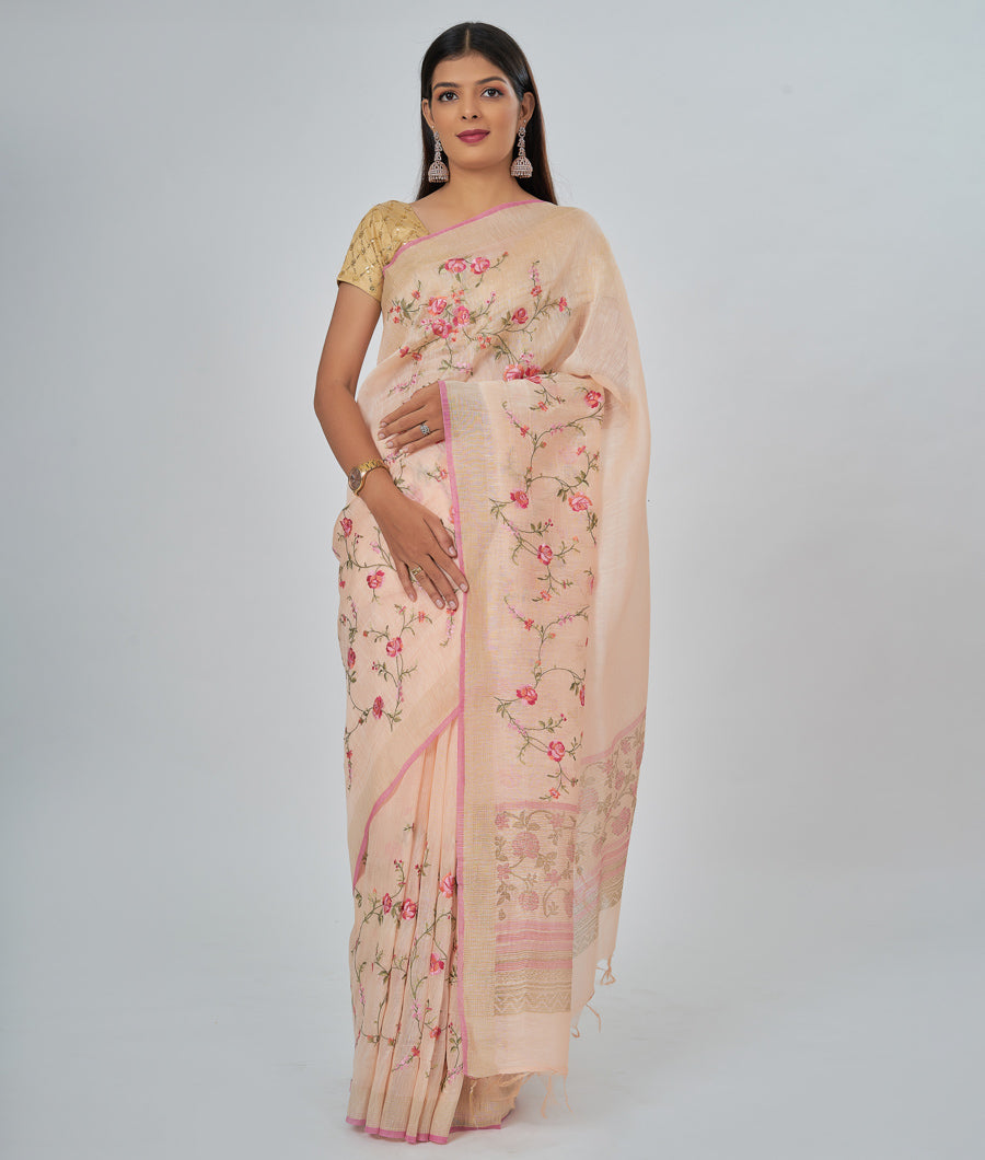 Peach Linen Saree Thread Embroidery Work - kaystore.in