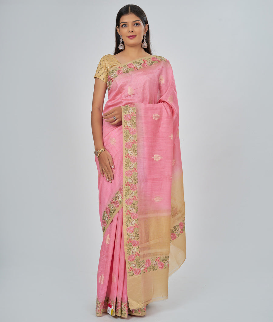 Pink Muga Saree Zari Buti With Thread Embroidery - kaystore.in
