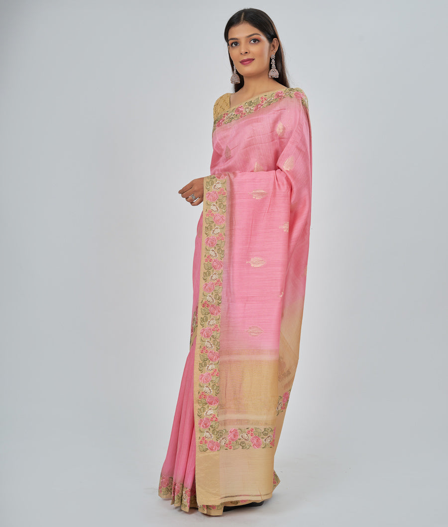 Pink Muga Saree Zari Buti With Thread Embroidery - kaystore.in