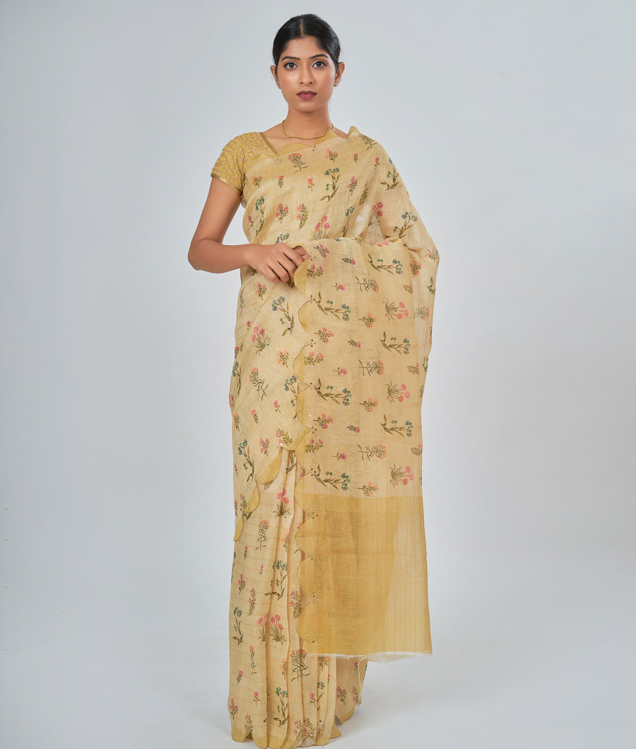 Gold Linen Saree Floral Print With Mirror Work Gold Zari - kaystore.in