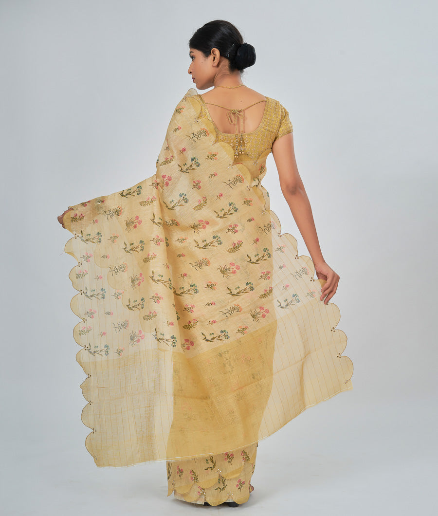 Gold Linen Saree Floral Print With Mirror Work Gold Zari - kaystore.in