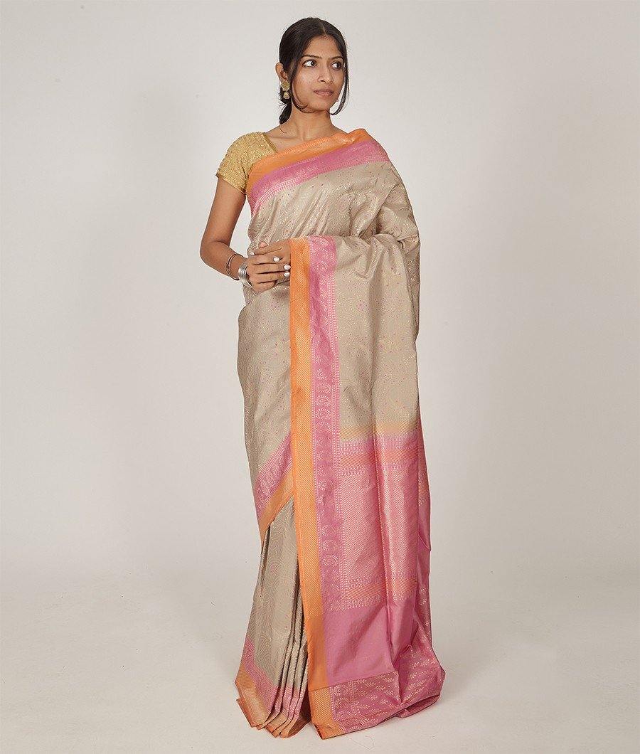 Lite Grey Banarasi Katan Silk Saree Gold Zari Alover Weaving Heavy Blouse - kaystore.in