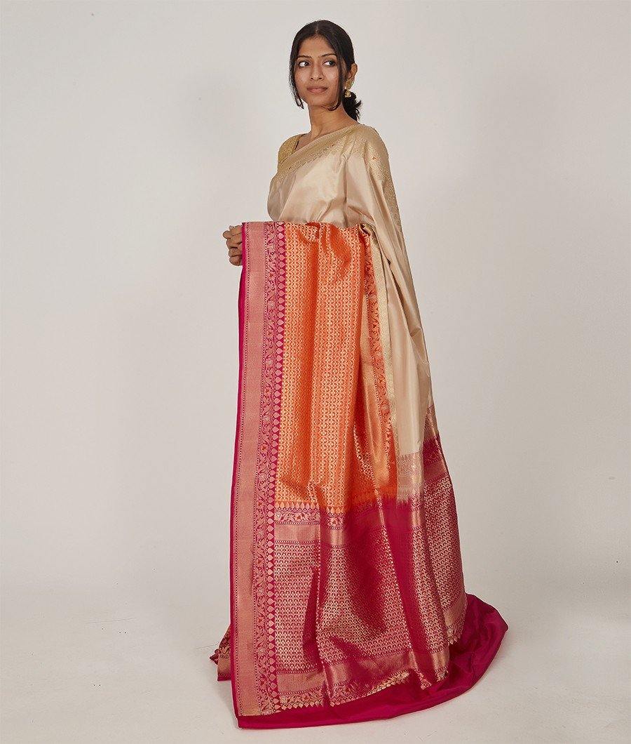 Cream Banarasi Katan Silk Saree Gold Zari Skirt Border - kaystore.in