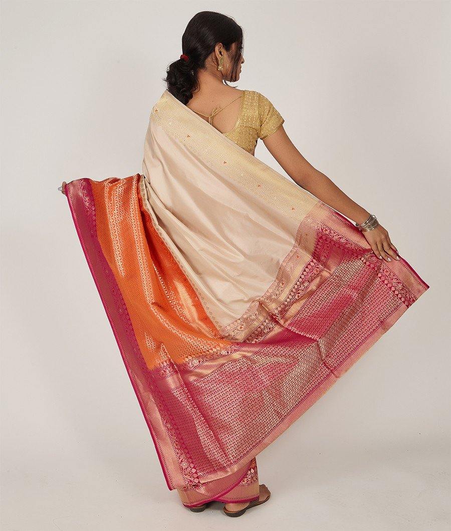 Cream Banarasi Katan Silk Saree Gold Zari Skirt Border - kaystore.in