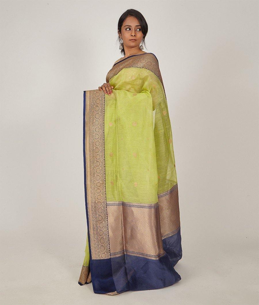 Parrot Green Banarasi Linen Silk Saree Gold Zari - kaystore.in