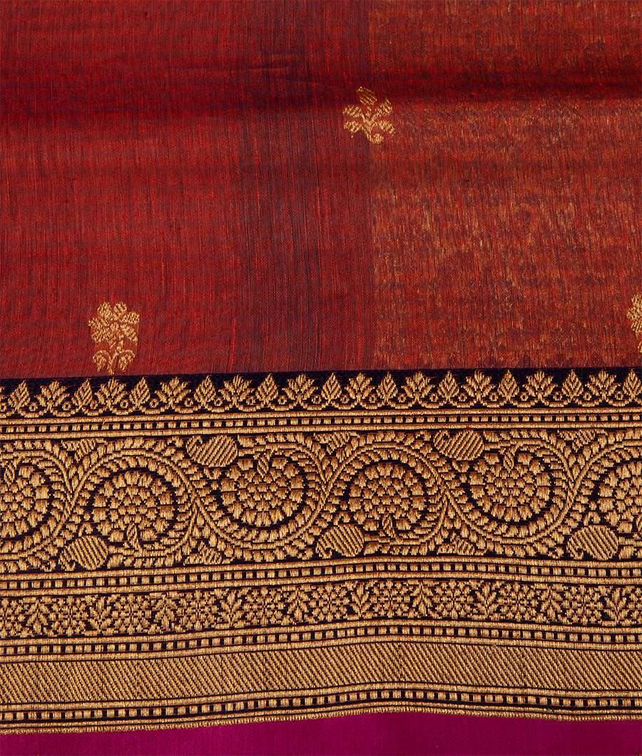 Rust Banarasi Linen Silk Saree Gold Zari Brocade Blouse - kaystore.in