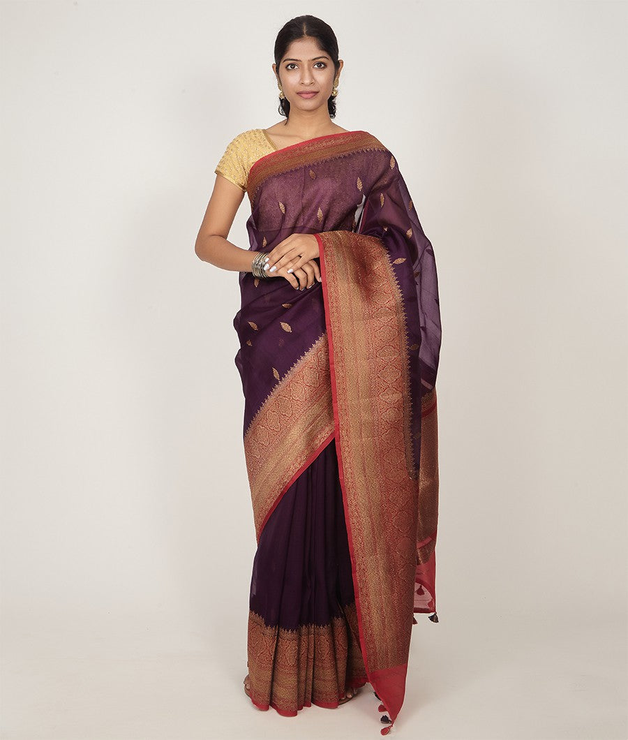 Purple Banarasi Kora Silk Saree Antique Zari - kaystore.in