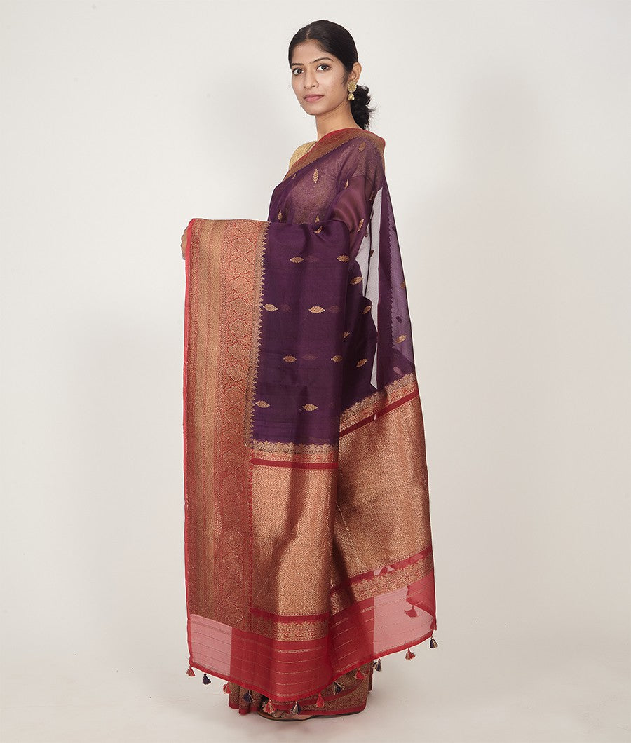 Purple Banarasi Kora Silk Saree Antique Zari - kaystore.in