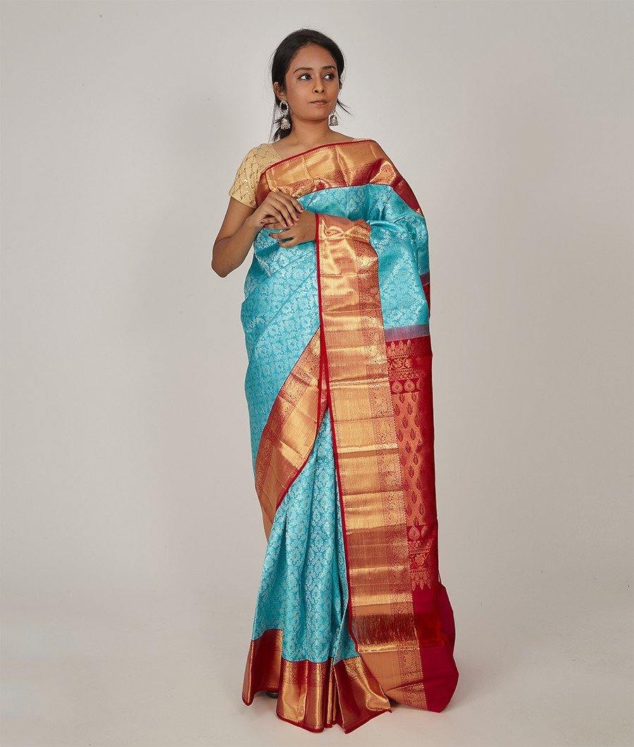 Rama Blue Kanchipuram Saree Gold With Silver Zari Body Full Zari Weaving - kaystore.in