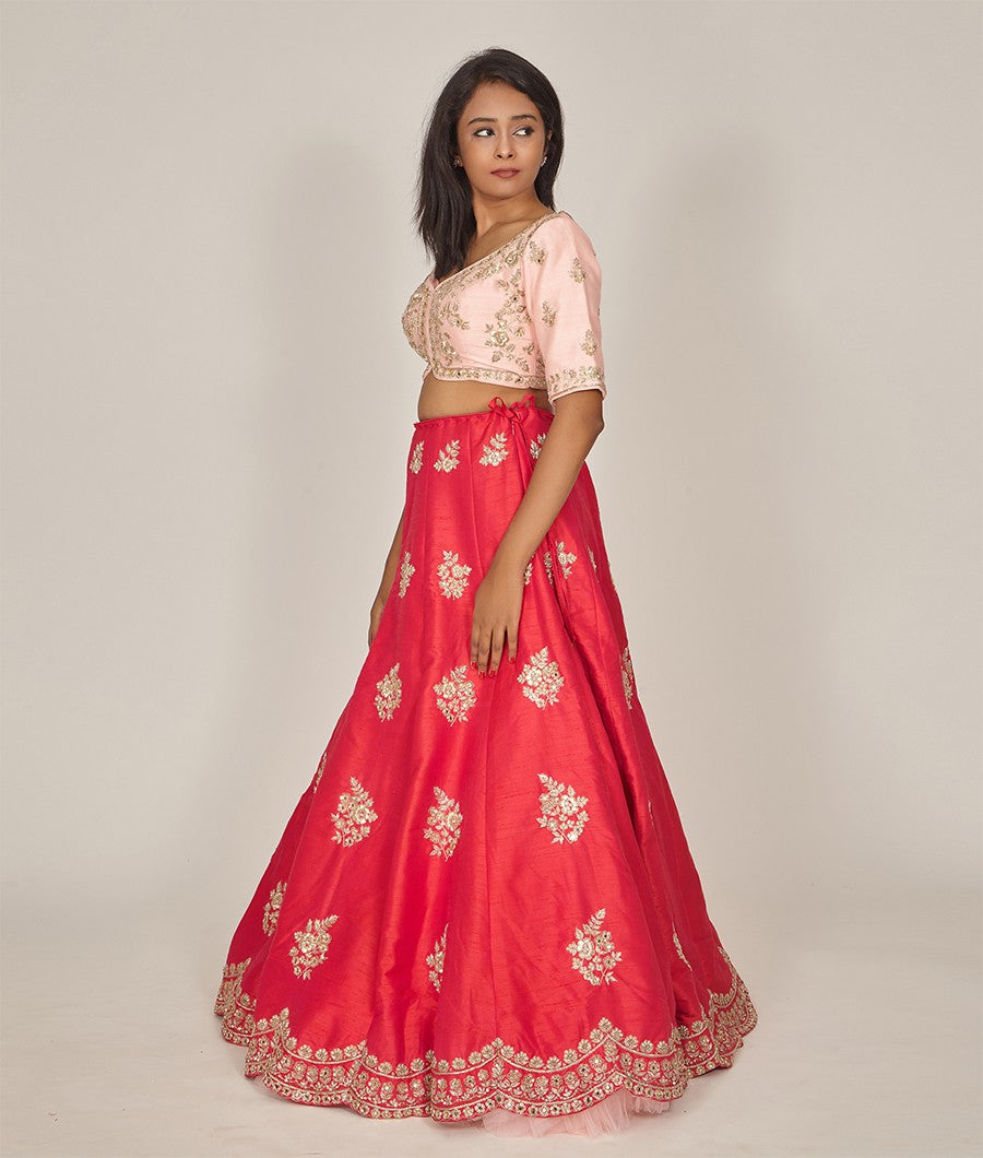 Rani Raw Silk Zardosi, Mirror & Sequins Floral Work Lehenga, Choli & Dupatta Set