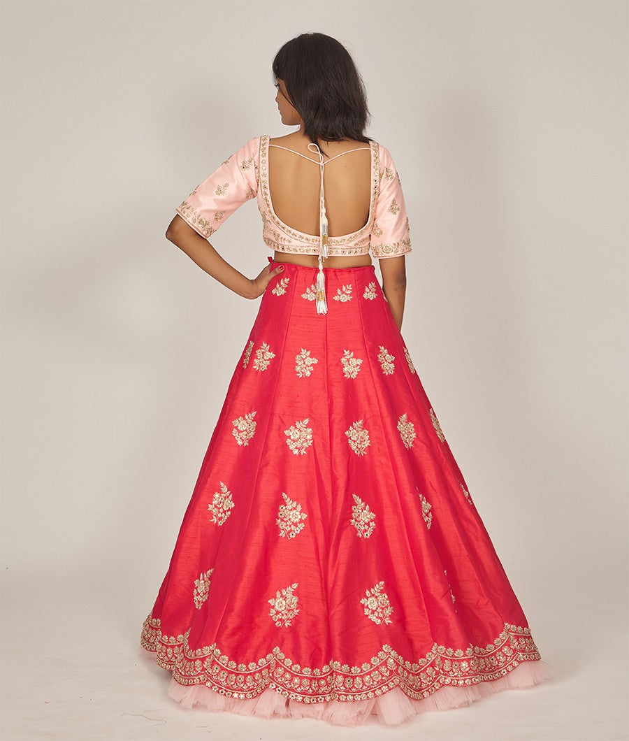 Rani Raw Silk Zardosi, Mirror & Sequins Floral Work Lehenga, Choli & Dupatta Set