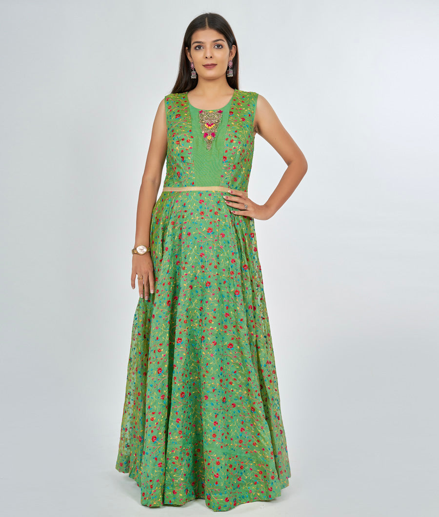 Green Chanderi Silk Salwar Kameez Anarkali - kaystore.in