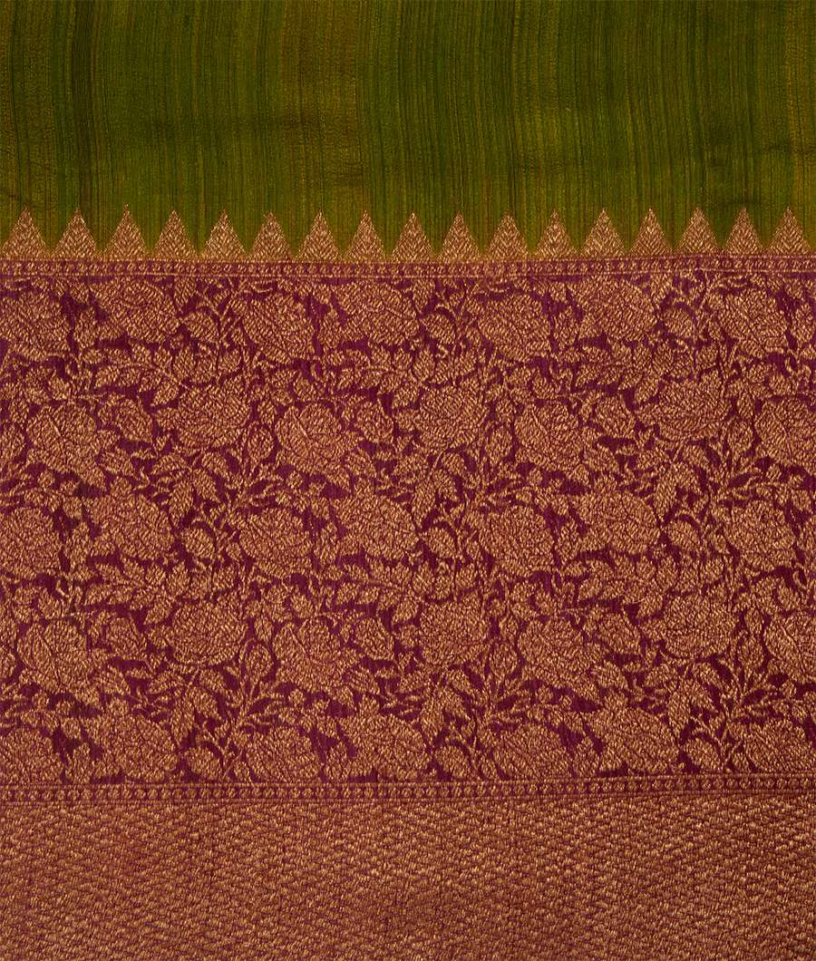 Olive Green Banarasi Jute Silk Saree Antique Zari Skirt Border - kaystore.in