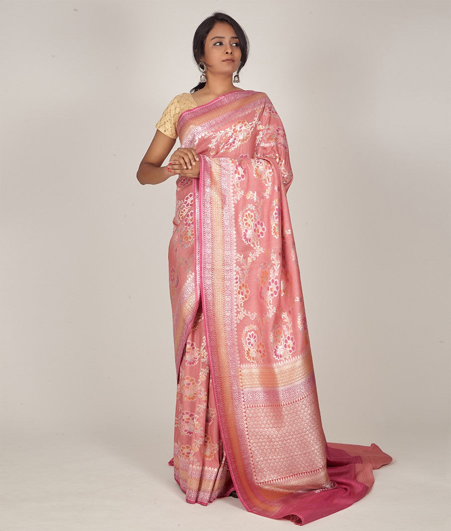 Onion Pink Banarasi Dupion Silk Saree Silver Zari Meenakari Work With 2 Blouse - kaystore.in