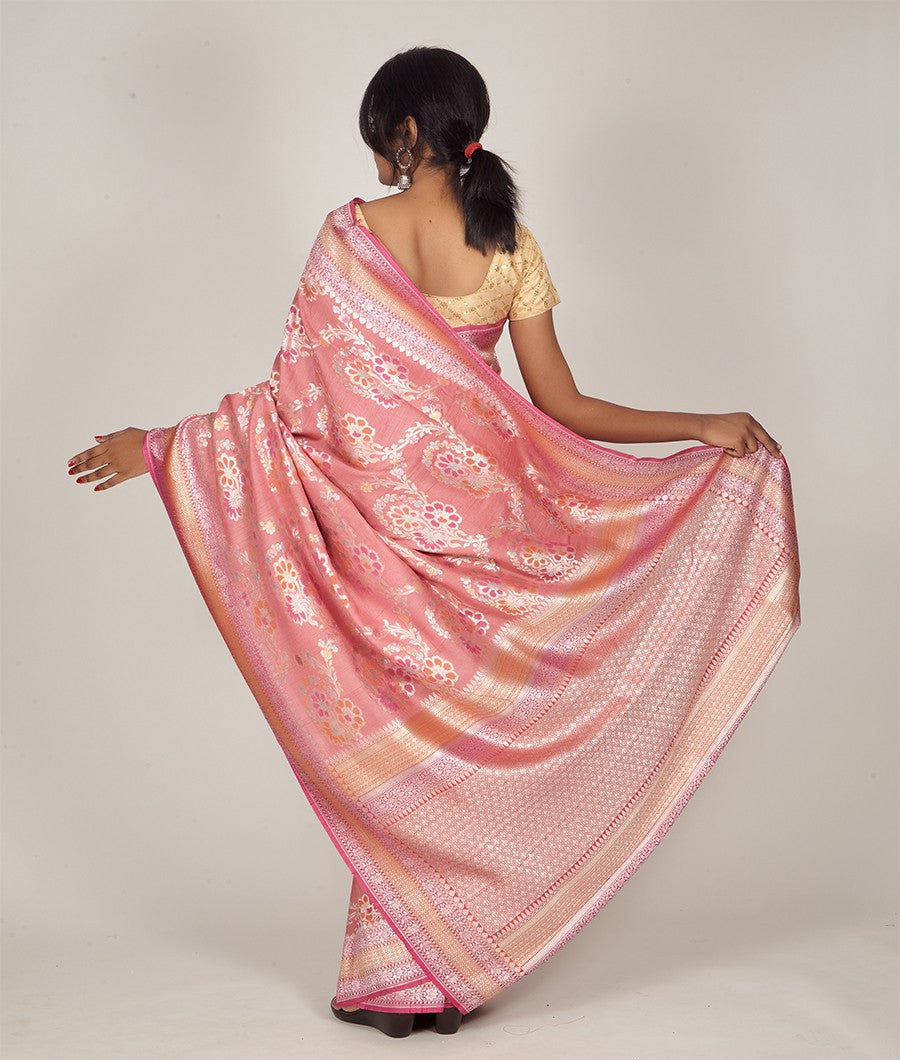 Onion Pink Banarasi Dupion Silk Saree Silver Zari Meenakari Work With 2 Blouse - kaystore.in