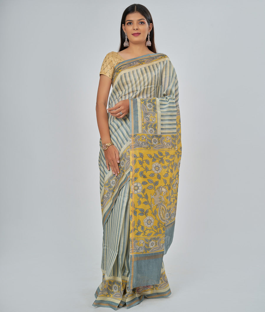 Grey Chanderi Saree Stripes With Prited Work - kaystore.in