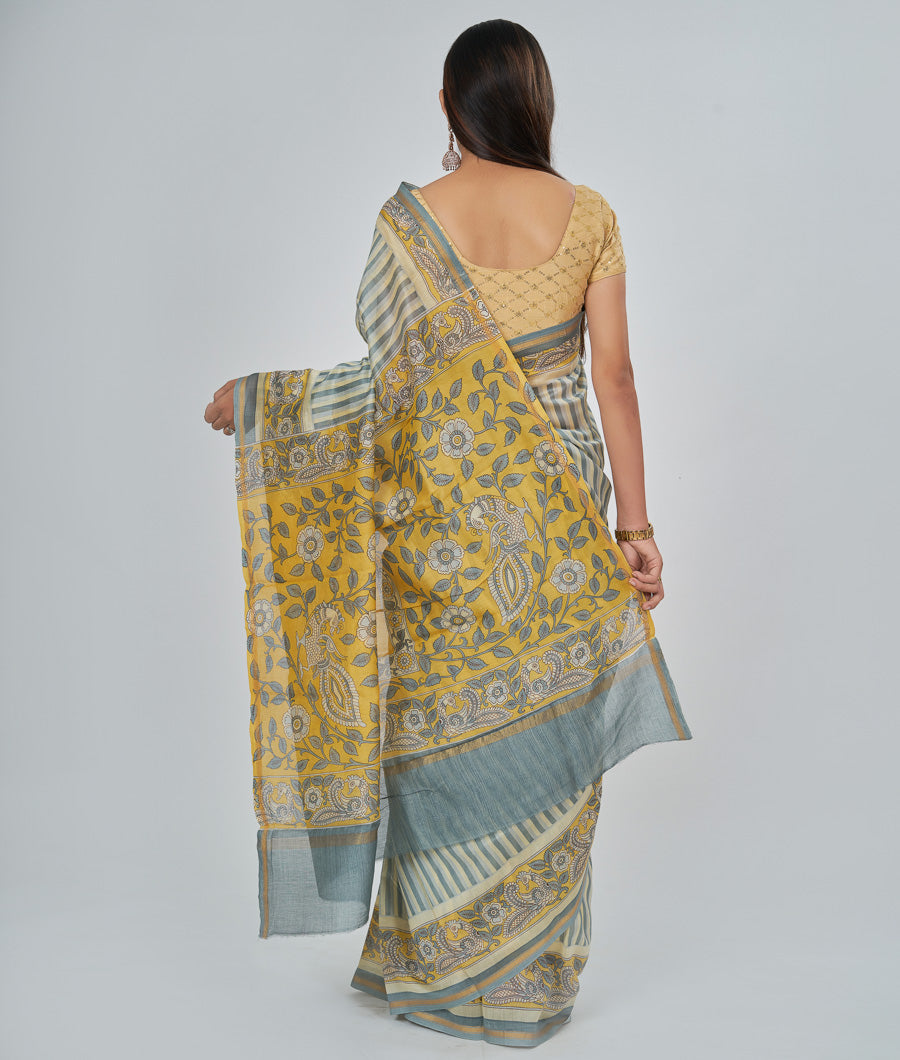Grey Chanderi Saree Stripes With Prited Work - kaystore.in